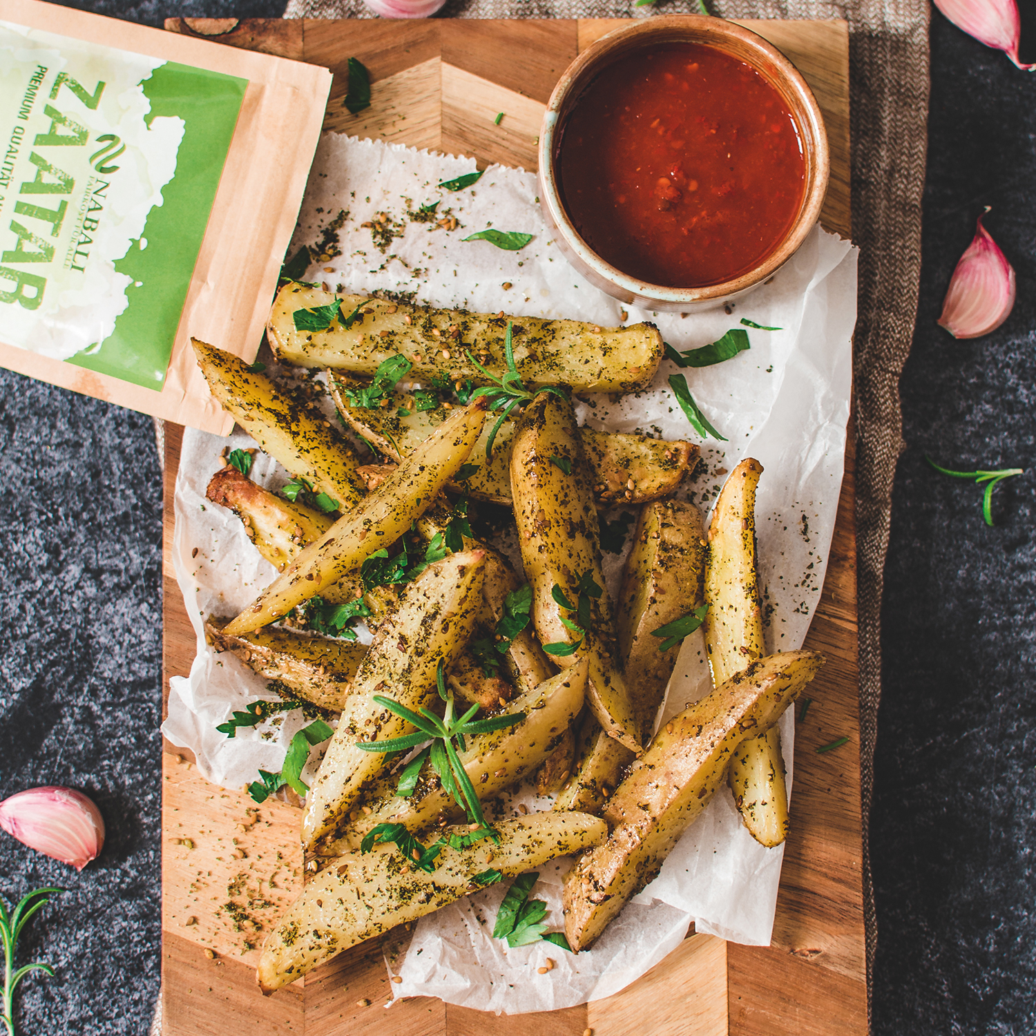 Probiere knusprige Kartoffelspalten mit Zaatar! Dieses einfache Rezept vereint goldbraun gebackene Kartoffeln mit der würzigen Zaatar-Mischung – ideal als Beilage oder Snack.