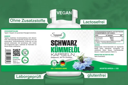 Rückseite der Schwarzkümmelöl Kapseln von Sunnah Shop, zeigt Informationen zu Inhaltsstoffen, Verzehrempfehlung und Produktvorteilen wie vegan, lactosefrei, glutenfrei und ohne Zusatzstoffe.