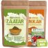 Zaatar und Dukkah in braunen Verpackungen mit Holzschalen - Premium Qualität aus Palästina, 100% Natural Vegan, inklusive "So Schmeckt Palästina" gratis dazu