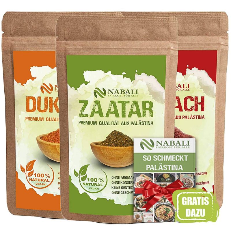 Sumach, Dukkah und Zaatar in braunen Verpackungen mit Holzschalen - Premium Qualität aus Palästina, 100% Natural Vegan, inklusive "So Schmeckt Palästina" gratis dazu