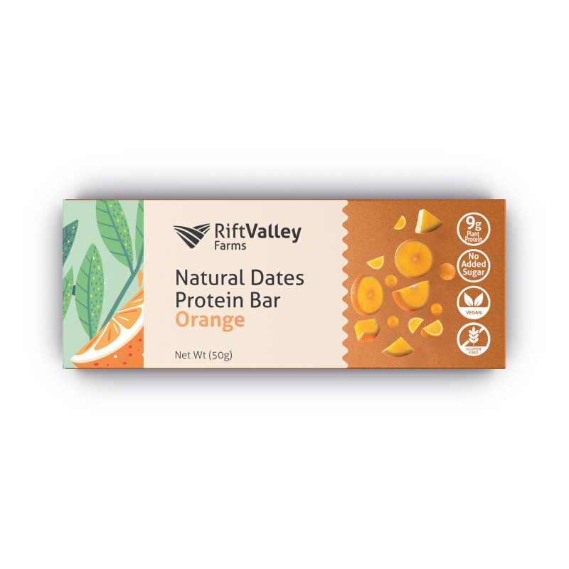 Eine Verpackung von Rift Valley Farms Natural Dates Protein Bar mit Orangengeschmack, 50g, vegan und ohne Zuckerzusatz.