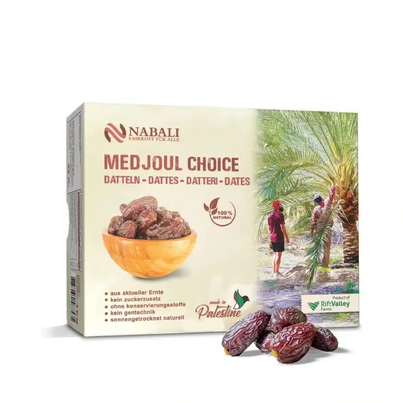 Medjool Delight Datteln Verpackung von Nabali Fairkost, 1 kg, zeigt eine Schüssel mit hochwertigen Medjool-Datteln und das Siegel für 100 % natürliche Produkte aus Palästina