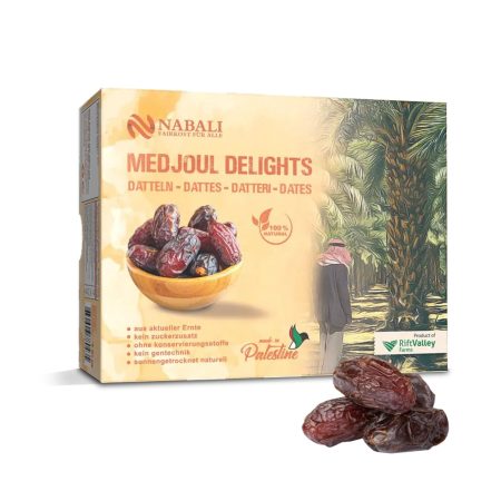 Medjool Delight Datteln Verpackung von Nabali Fairkost, 1 kg, zeigt eine Schüssel mit hochwertigen Medjool-Datteln und das Siegel für 100 % natürliche Produkte aus Palästina